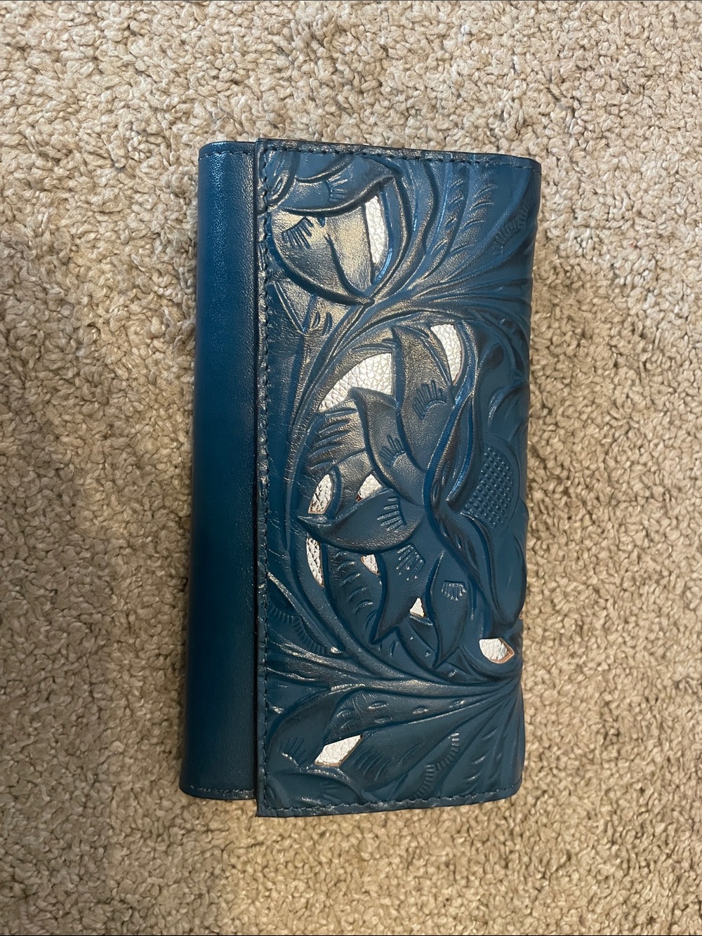 Patricia Nash Terresa Caribbean Blue Tooled Leather Tri-Fold Wallet